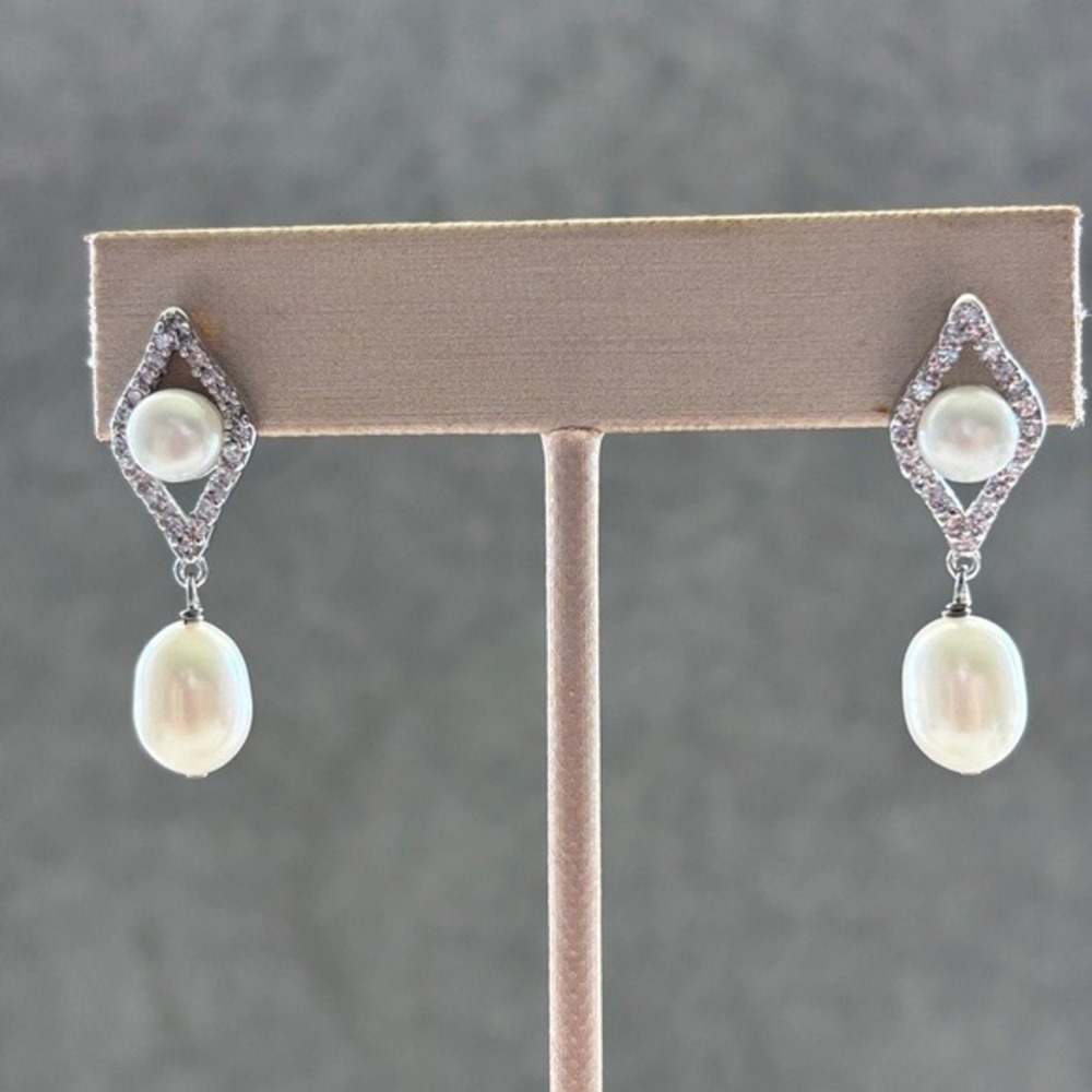 Drop Earrings Pearl Cubic Zirconia Silver Post Back Elegant New with Tags
